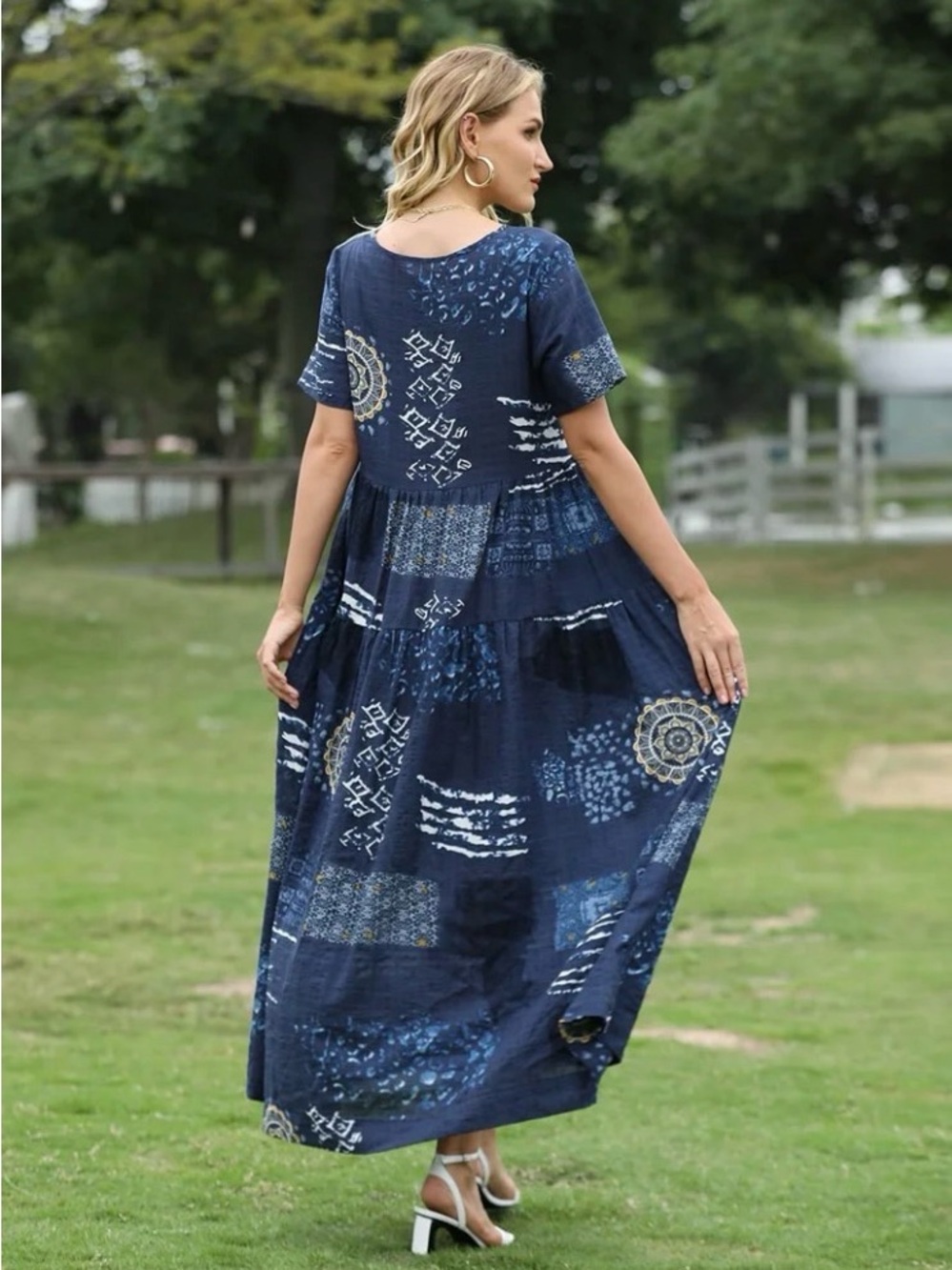 Navy Boho Print Short Sleeve Maxi Dress - Picture 2 of 7